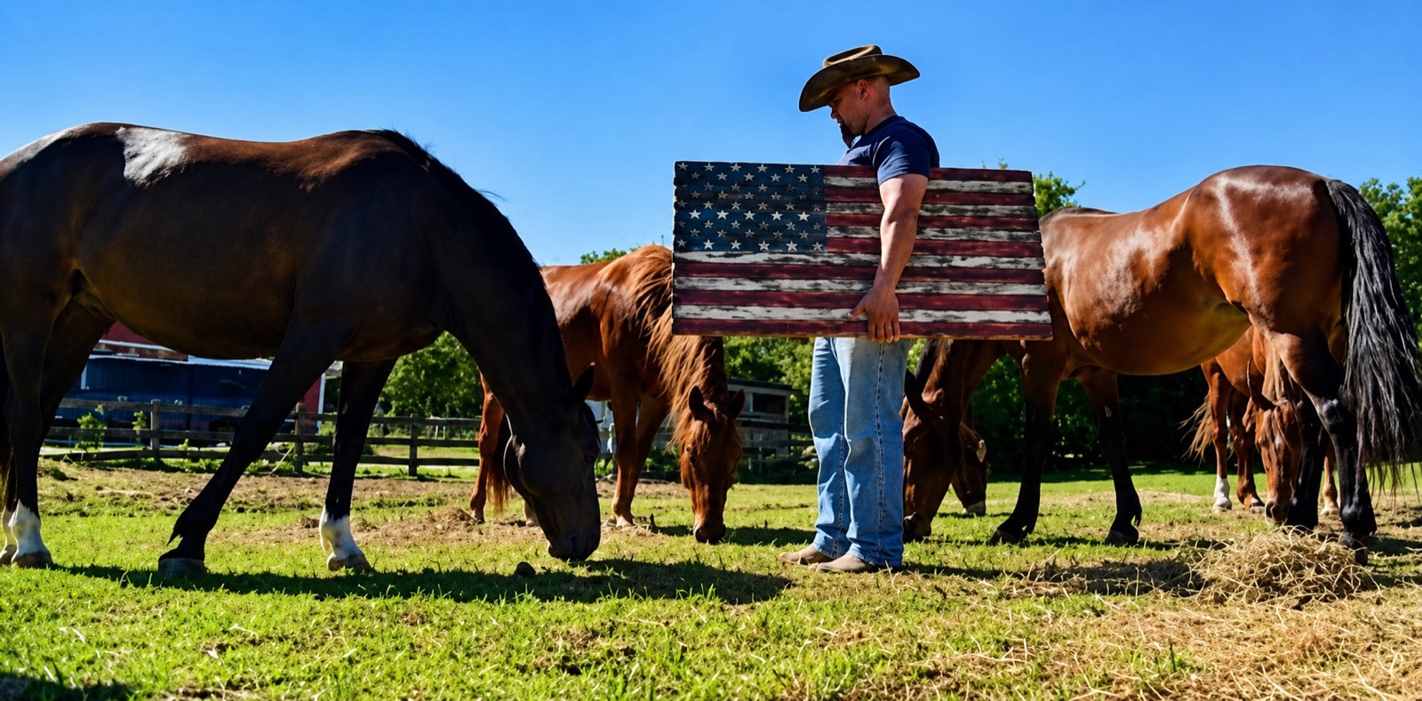 A veteran holding a wooden American flag among grazing wild horses